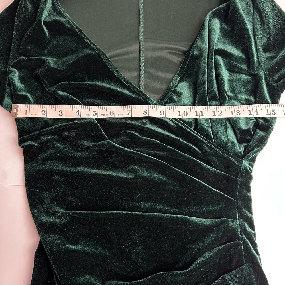 Velvet Wrap Dress Women's Med V Neck Ruched Bodycon Maxi Emerald Green DIRASS - Picture 7 of 12